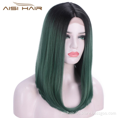 Aisi Hair Synthetic Silky Straight Lace Front Wigs Ombre Green Middle Part Lace Front Cosplay Bob Wigs for Women